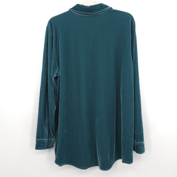 Soft Surroundings NWT velvet boyfriend button down tunic top Size L teal stretch - Picture 8 of 8